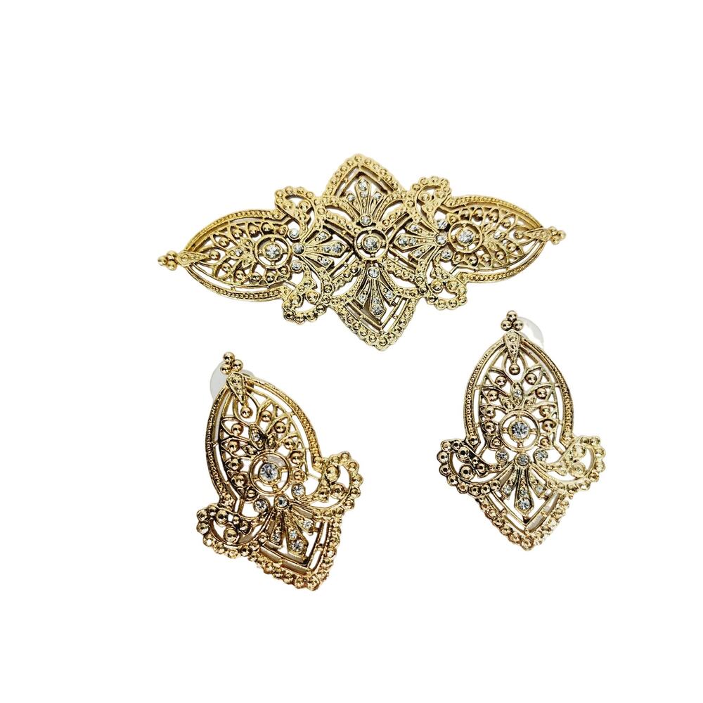 Vintage JJ Jonette 1988 Brooch & Earrings Set Gold Tone Rhinestone Victorian